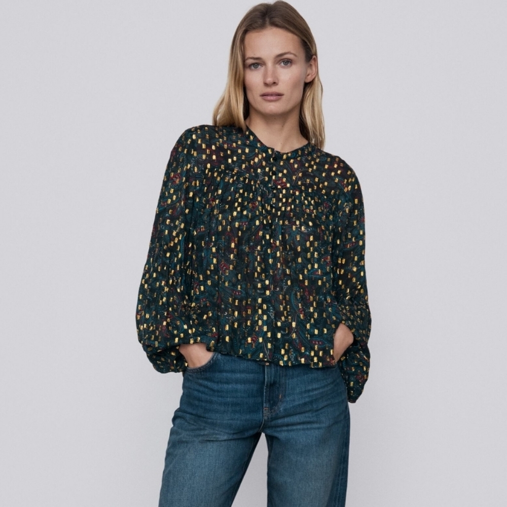 BNWT! Zara Metallic Dotted Mesh Blouse
